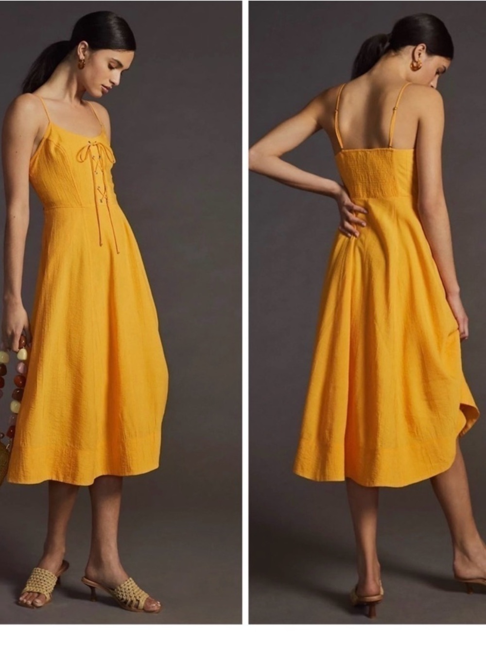 Anthropologie Golden Yellow Lace-Up Midi Sundress